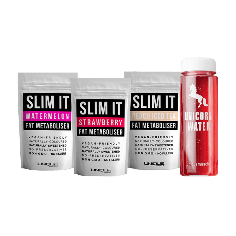 Slim It Fat Metaboliser Pack, 3 Delicious Flavours + Unicorn Water bottle - Unique Muscle